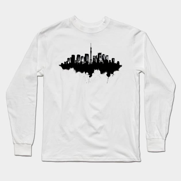 Tokyo cityscape japanese ink art sumi e Long Sleeve T-Shirt by Ravenglow